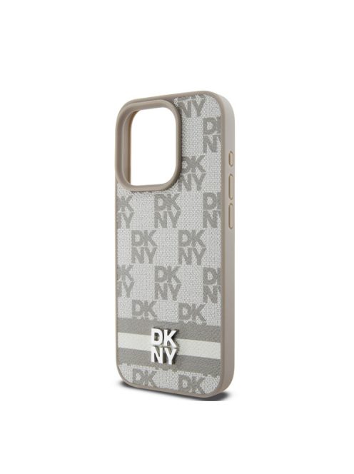 DKNY PU Leather Checkered Pattern and Stripe Apple iPhone 15 Pro tok, bézs