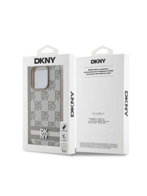 DKNY PU Leather Checkered Pattern and Stripe Apple iPhone 15 Pro tok, bézs