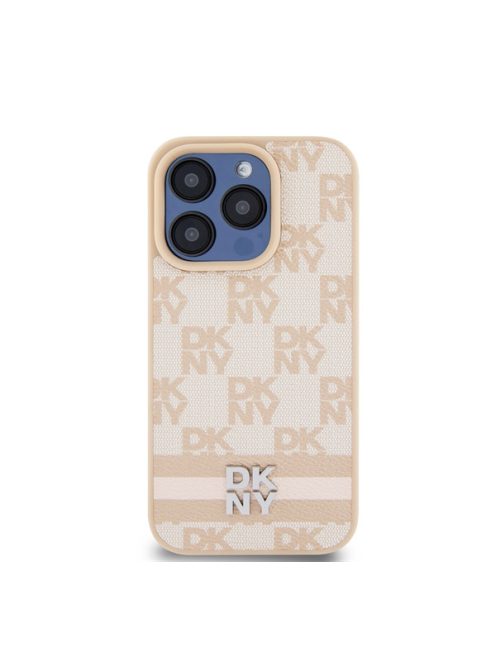 DKNY PU Leather Checkered Pattern and Stripe Apple iPhone 15 Pro tok, rózsaszín