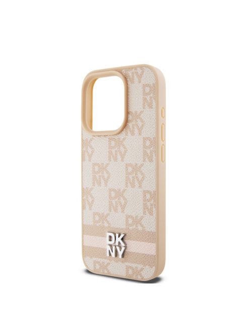 DKNY PU Leather Checkered Pattern and Stripe Apple iPhone 15 Pro tok, rózsaszín