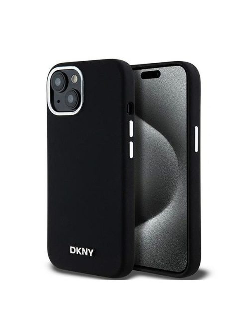 DKNY Liquid Silicone Silver Metal Logo Magsafe iPhone 15 hátlap tok, fekete