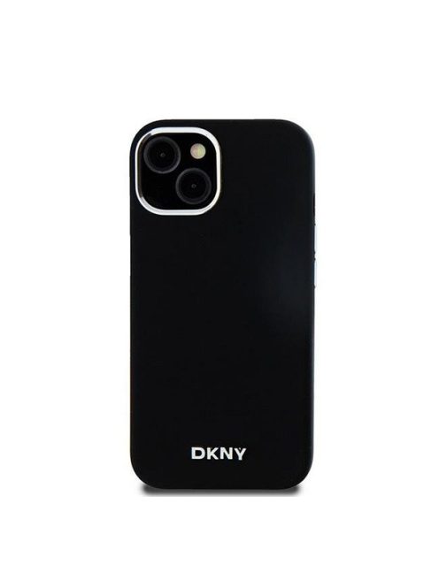 DKNY Liquid Silicone Silver Metal Logo Magsafe iPhone 15 hátlap tok, fekete