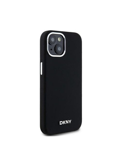 DKNY Liquid Silicone Silver Metal Logo Magsafe iPhone 15 hátlap tok, fekete