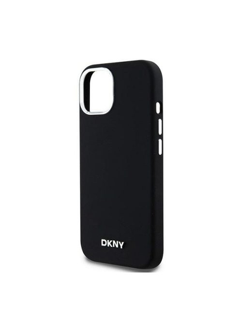 DKNY Liquid Silicone Silver Metal Logo Magsafe iPhone 15 hátlap tok, fekete