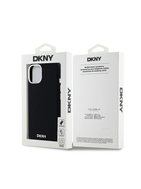 DKNY Liquid Silicone Silver Metal Logo Magsafe iPhone 15 hátlap tok, fekete