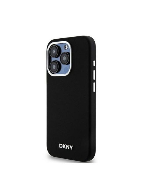 DKNY Liquid Silicone Silver Metal Logo Magsafe iPhone 15 Pro hátlap tok, fekete