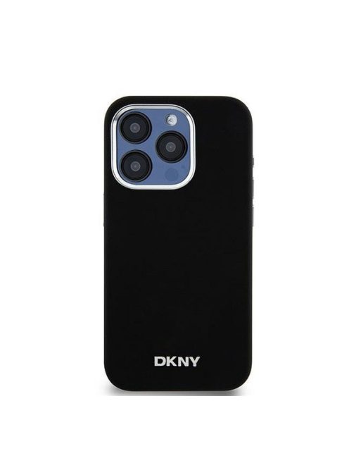 DKNY Liquid Silicone Silver Metal Logo Magsafe iPhone 15 Pro hátlap tok, fekete