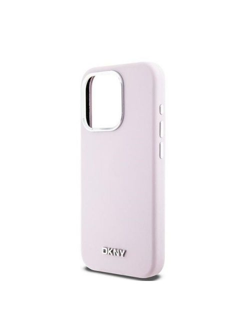 DKNY Liquid Silicone Silver Metal Logo Magsafe iPhone 15 Pro hátlap tok, rózsaszín