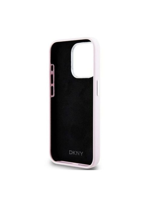 DKNY Liquid Silicone Silver Metal Logo Magsafe iPhone 15 Pro hátlap tok, rózsaszín