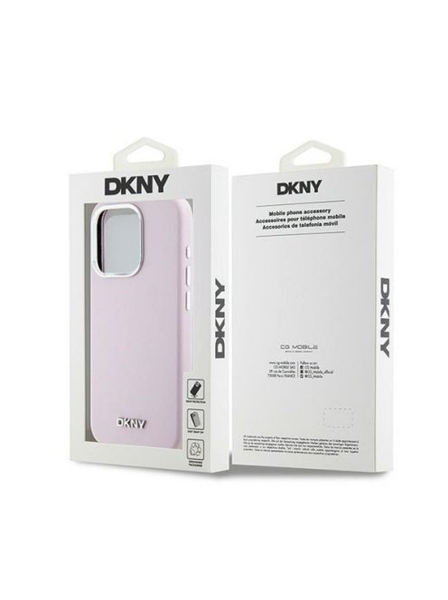 DKNY Liquid Silicone Silver Metal Logo Magsafe iPhone 15 Pro hátlap tok, rózsaszín