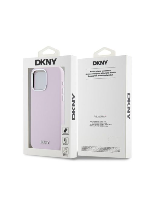 DKNY Liquid Silicone Silver Metal Logo Magsafe iPhone 15 Pro Max hátlap tok, rózsaszín