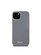 DKNY Liquid Silicone Silver Metal Logo Magsafe iPhone 15 hátlap tok, szürke