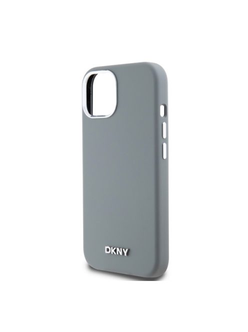 DKNY Liquid Silicone Silver Metal Logo Magsafe iPhone 15 hátlap tok, szürke