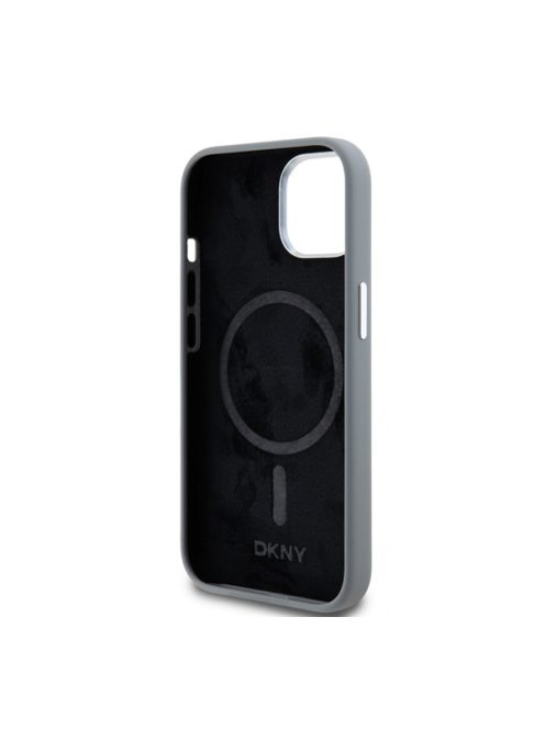 DKNY Liquid Silicone Silver Metal Logo Magsafe iPhone 15 hátlap tok, szürke