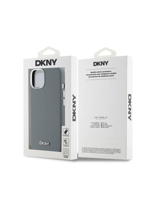 DKNY Liquid Silicone Silver Metal Logo Magsafe iPhone 15 hátlap tok, szürke