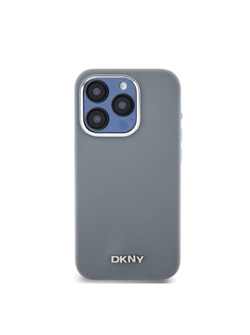 DKNY Liquid Silicone Silver Metal Logo Magsafe iPhone 15 Pro hátlap tok, szürke