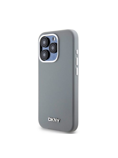 DKNY Liquid Silicone Silver Metal Logo Magsafe iPhone 15 Pro hátlap tok, szürke