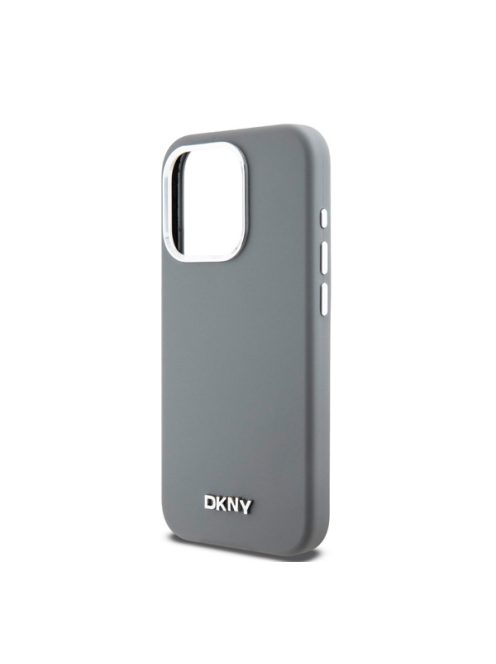 DKNY Liquid Silicone Silver Metal Logo Magsafe iPhone 15 Pro hátlap tok, szürke