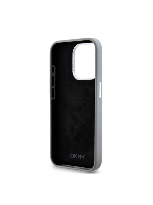 DKNY Liquid Silicone Silver Metal Logo Magsafe iPhone 15 Pro hátlap tok, szürke