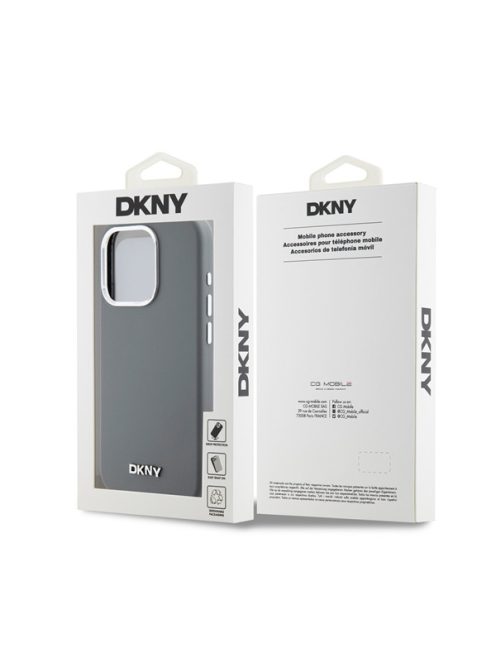 DKNY Liquid Silicone Silver Metal Logo Magsafe iPhone 15 Pro hátlap tok, szürke