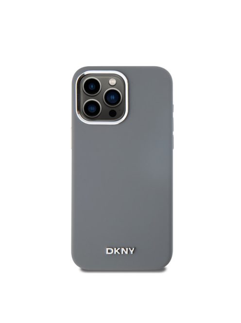 DKNY Liquid Silicone Silver Metal Logo Magsafe iPhone 15 Pro Max hátlap tok, szürke