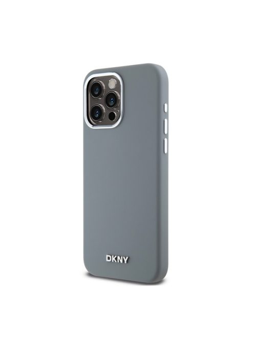 DKNY Liquid Silicone Silver Metal Logo Magsafe iPhone 15 Pro Max hátlap tok, szürke