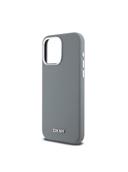 DKNY Liquid Silicone Silver Metal Logo Magsafe iPhone 15 Pro Max hátlap tok, szürke