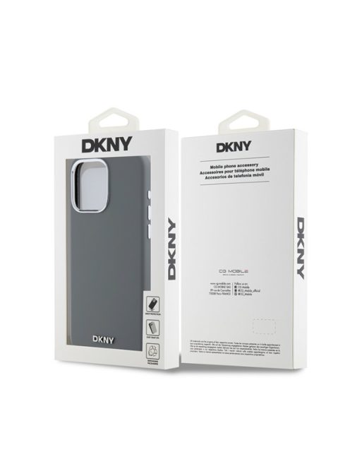 DKNY Liquid Silicone Silver Metal Logo Magsafe iPhone 15 Pro Max hátlap tok, szürke