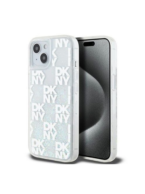 DKNY Liquid Glitter Checkered Pattern iPhone 15 hátlap tok, átlátszó