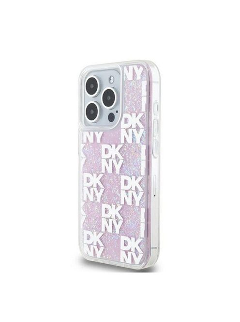 DKNY Liquid Glitter Checkered Pattern iPhone 15 Pro hátlap tok, rózsaszín