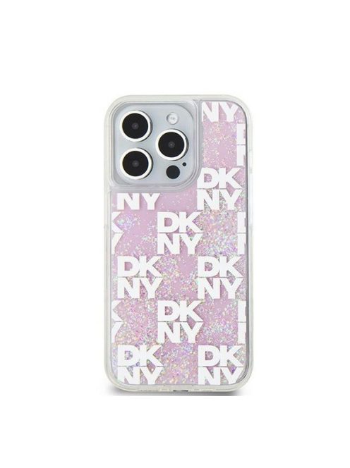 DKNY Liquid Glitter Checkered Pattern iPhone 15 Pro hátlap tok, rózsaszín