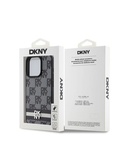 DKNY PU Leather Checkered Pattern and Stripe iPhone 12/12 Pro hátlap tok, fekete