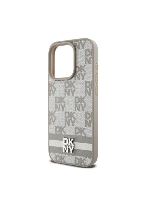 DKNY PU Leather Checkered Pattern and Stripe iPhone 13 Pro hátlap tok, bézs