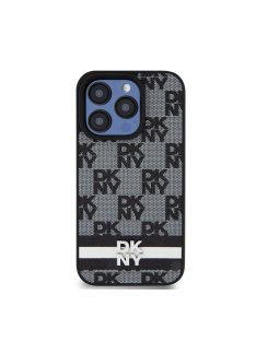   DKNY PU Leather Checkered Pattern and Stripe iPhone 13 Pro Max hátlap tok, fekete