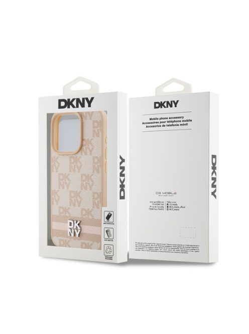 DKNY PU Leather Checkered Pattern and Stripe iPhone 13 Pro hátlap tok, rózsaszín