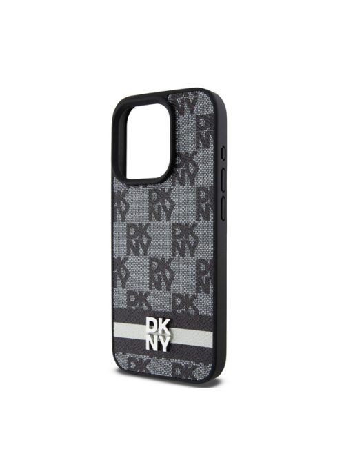 DKNY PU Leather Checkered Pattern and Stripe iPhone 14 Pro hátlap tok, fekete