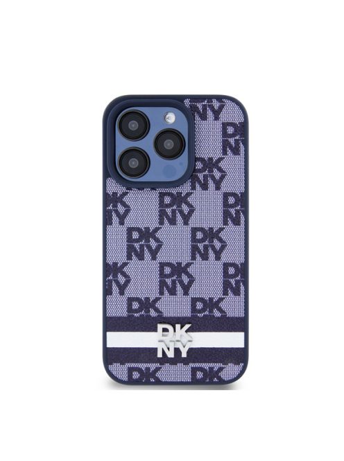 DKNY PU Leather Checkered Pattern and Stripe iPhone 15 Pro Max hátlap tok, kék