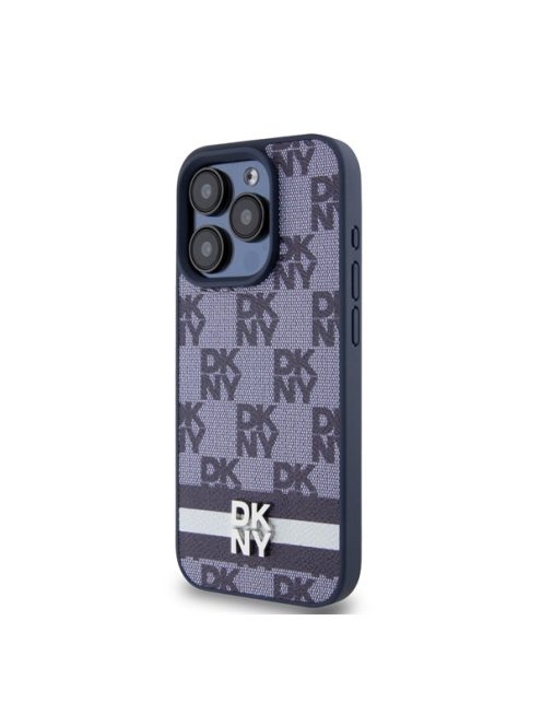 DKNY PU Leather Checkered Pattern and Stripe iPhone 15 Pro Max hátlap tok, kék