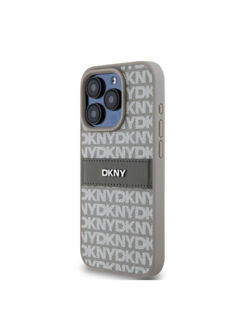 DKNY PU Leather Repeat Pattern Tonal Stripe iPhone 14 Pro hátlap tok, bézs