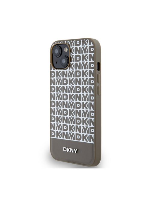 DKNY PU Leather Repeat Pattern Bottom Stripe Apple iPhone 13 Magsafe kompatibilis hátlap tok, barna