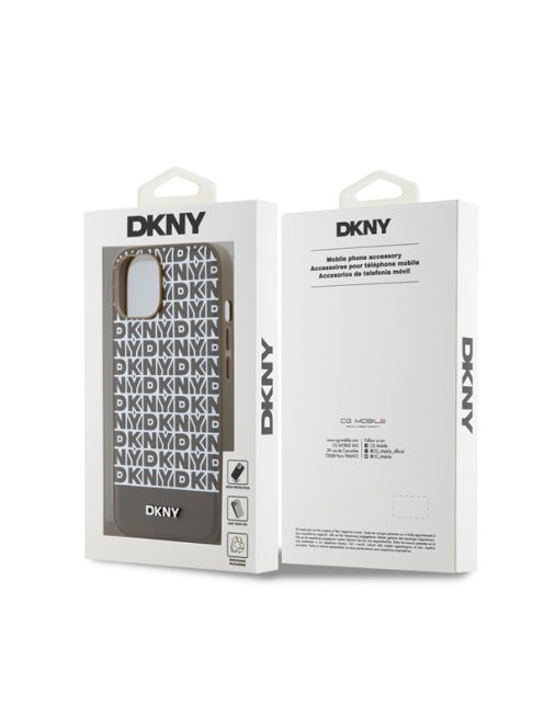 DKNY PU Leather Repeat Pattern Bottom Stripe Apple iPhone 13 Magsafe kompatibilis hátlap tok, barna