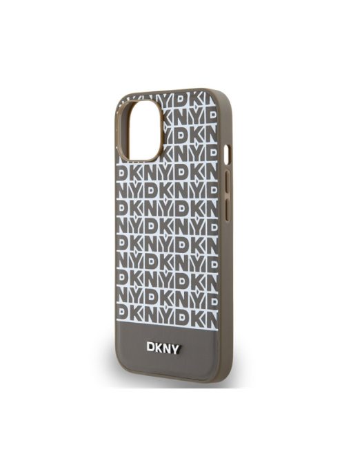 DKNY PU Leather Repeat Pattern Bottom Stripe Apple iPhone 15 Magsafe kompatibilis hátlap tok, barna