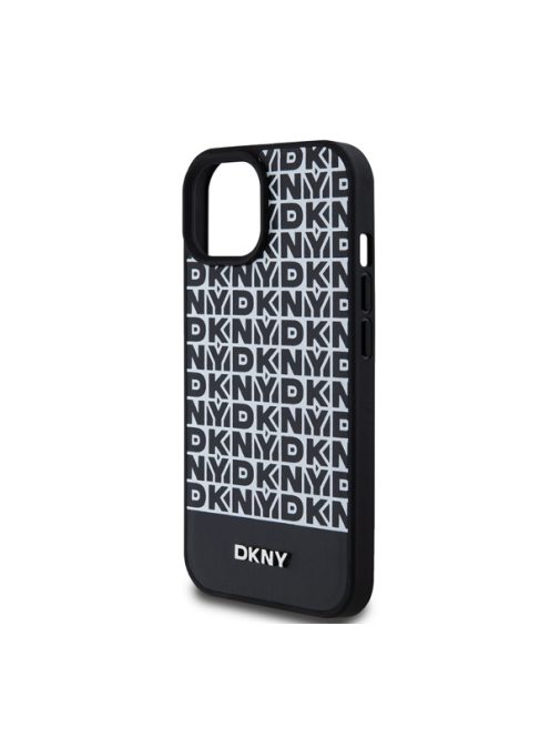 DKNY PU Leather Repeat Pattern Bottom Stripe Apple iPhone 15 Magsafe kompatibilis hátlap tok, fekete