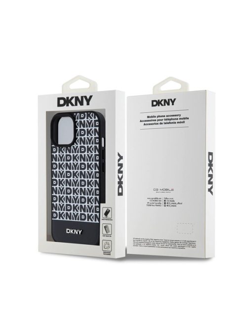 DKNY PU Leather Repeat Pattern Bottom Stripe Apple iPhone 15 Magsafe kompatibilis hátlap tok, fekete