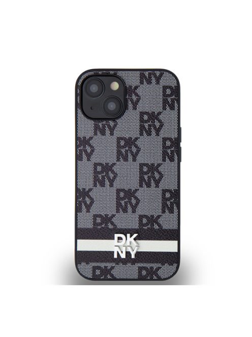 DKNY PU Leather Checkered Pattern and Stripe Apple iPhone 14 hátlap tok, fekete