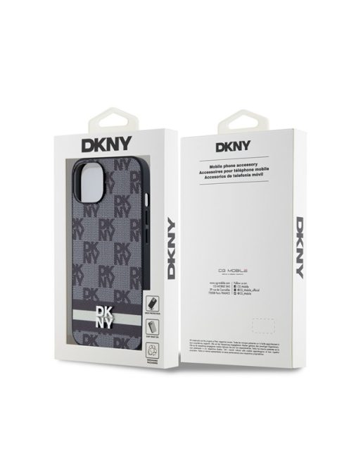 DKNY PU Leather Checkered Pattern and Stripe Apple iPhone 14 hátlap tok, fekete