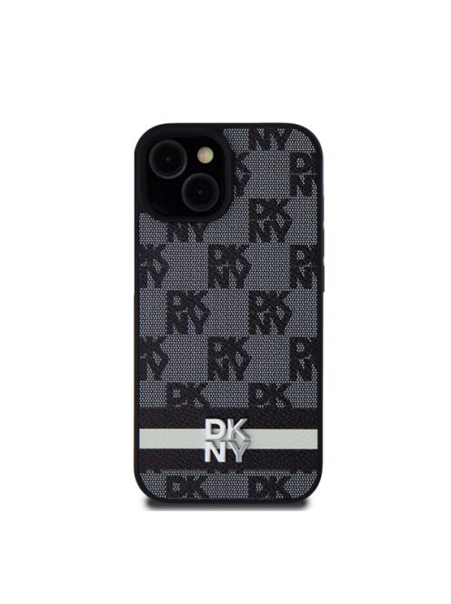 DKNY PU Leather Checkered Pattern and Stripe Apple iPhone 15 hátlap tok, fekete