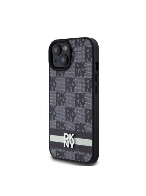 DKNY PU Leather Checkered Pattern and Stripe Apple iPhone 15 hátlap tok, fekete