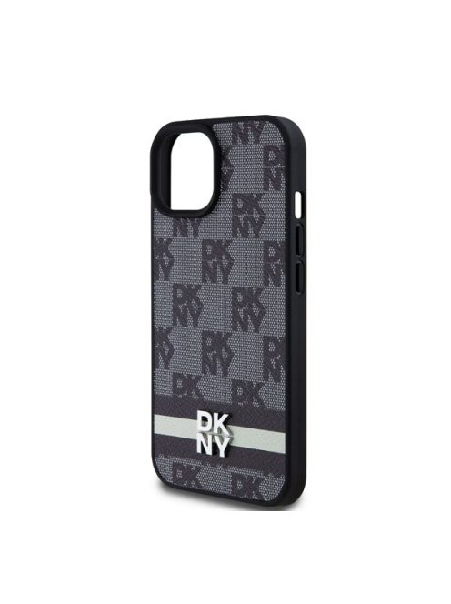 DKNY PU Leather Checkered Pattern and Stripe Apple iPhone 15 hátlap tok, fekete