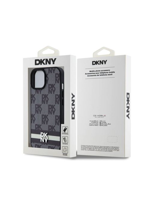 DKNY PU Leather Checkered Pattern and Stripe Apple iPhone 15 hátlap tok, fekete